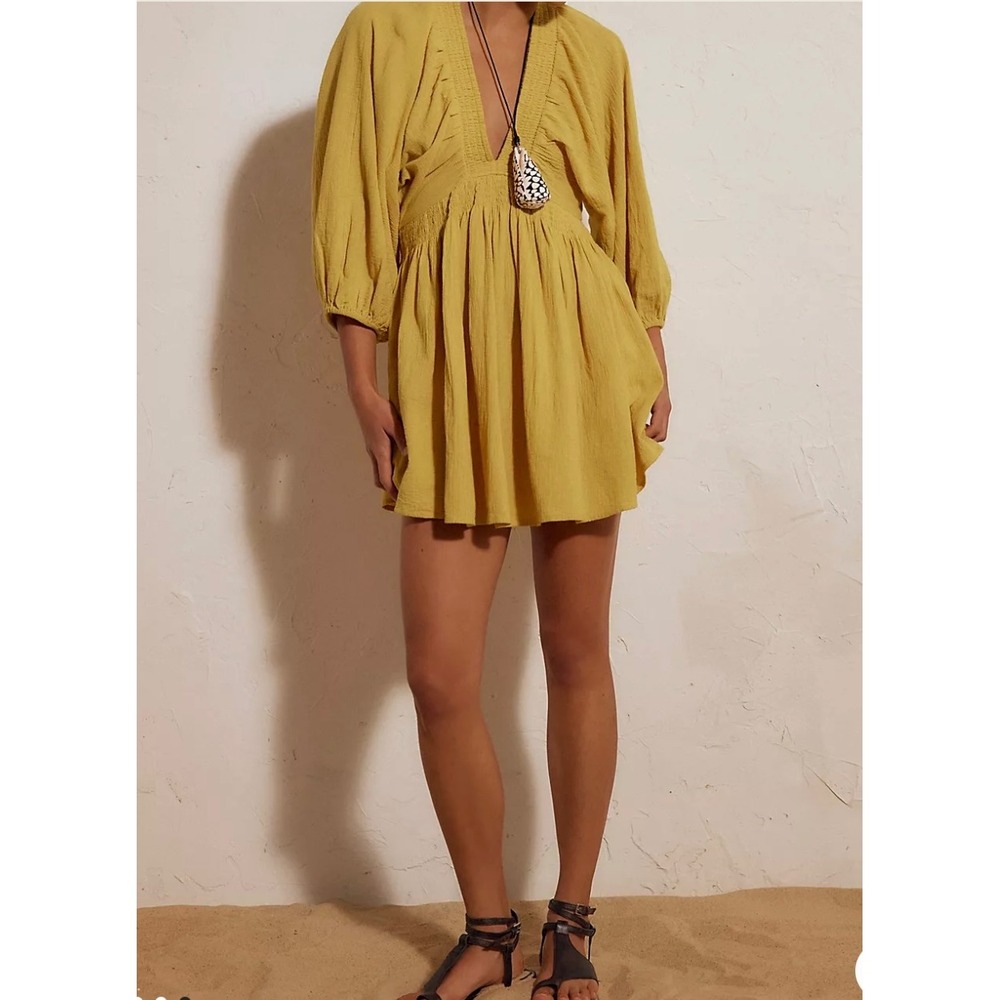 Free People Sunny Yellow Cotton Gauze Mini Dress M Beach Boho